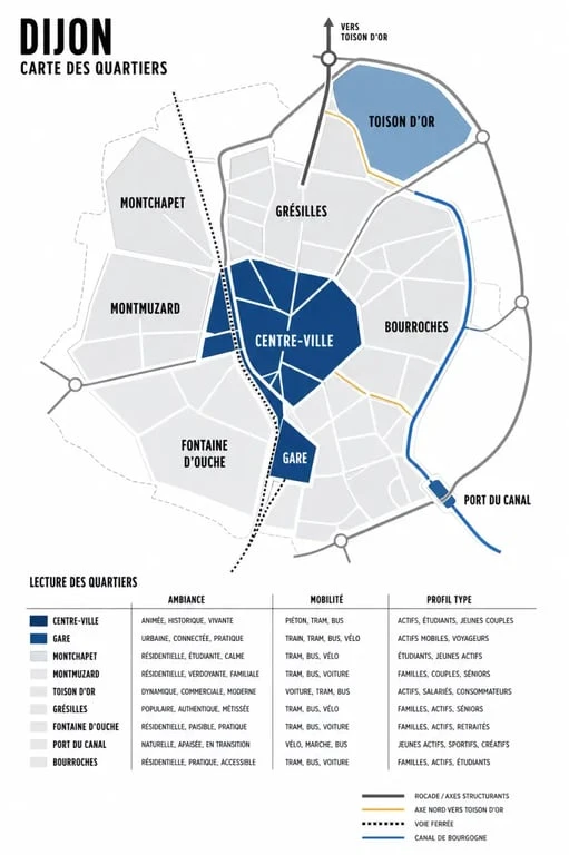 Carte éditoriale des quartiers Dijon avec centre-ville, gare et secteurs résidentiels