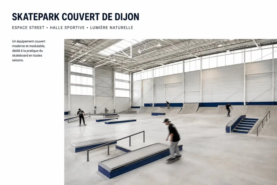 skate parc Dijon couvert à l’intérieur, avec riders et modules de glisse