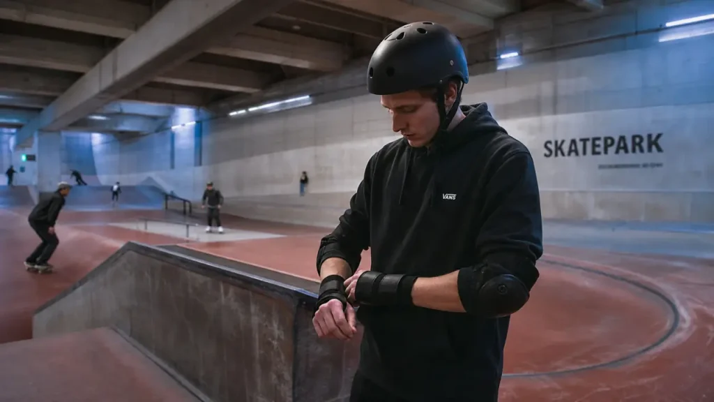 Skate parc Dijon : skatepark couvert, rider près d’un module