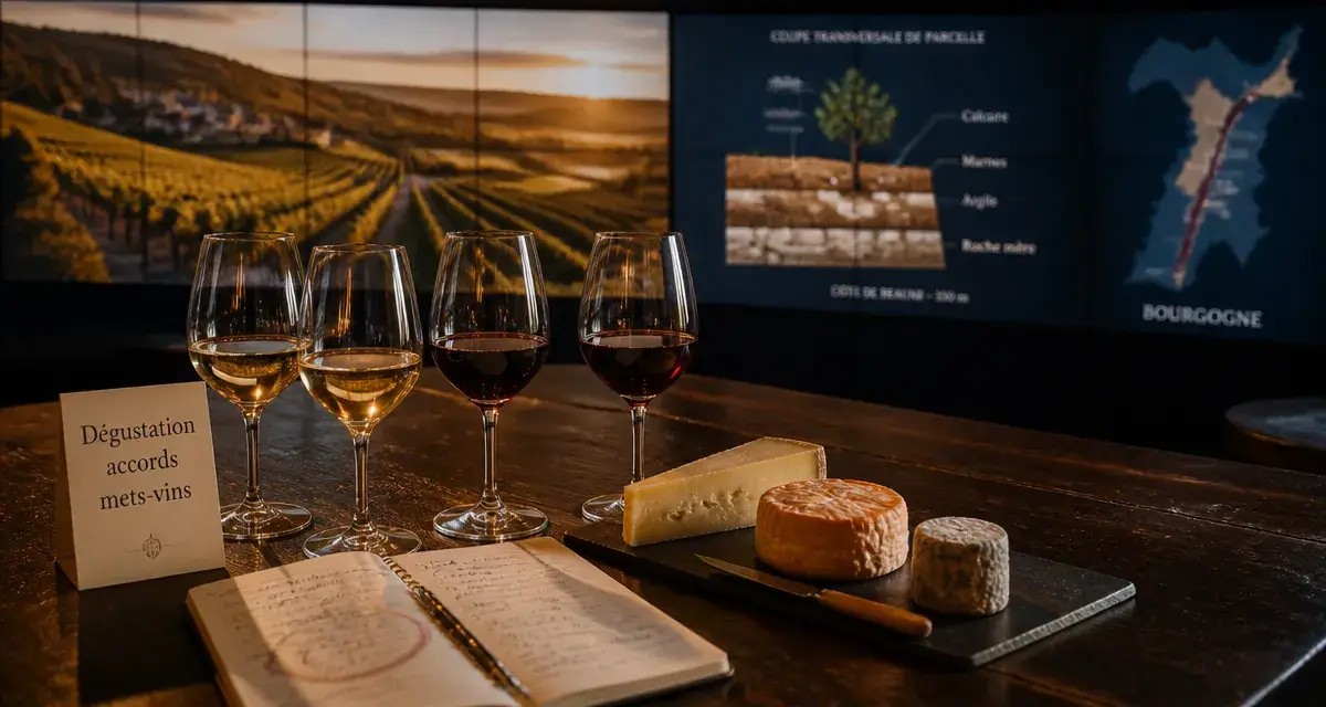 Ecole des vins de bourgogne dijon, salle de dégustation avec vins, fromages et carnet