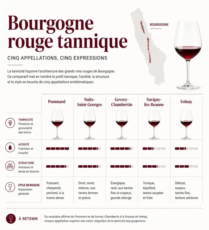 Infographie comparative des niveaux de tannicité d'un vin rouge de Bourgogne tannique selon les appellations