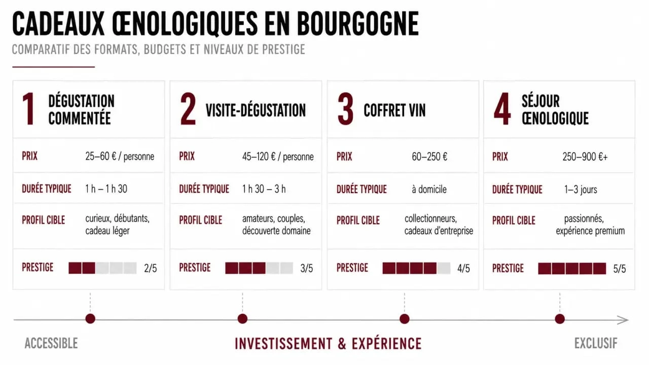 Comparatif cadeau oenologie bourgogne : dégustation, visite-dégustation, coffret vin et séjour