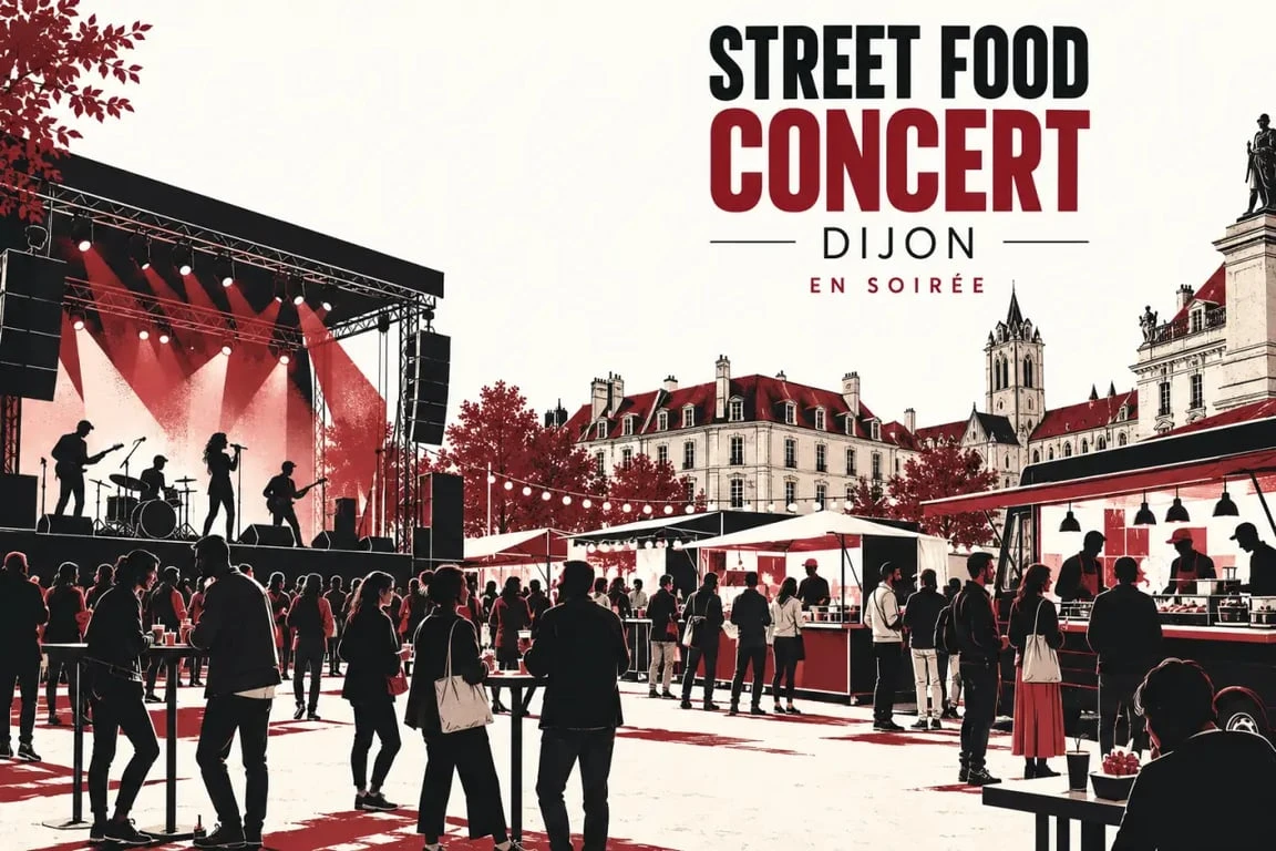 Ambiance d’un street food concert à Dijon avec scène musicale et stands de cuisine nomade
