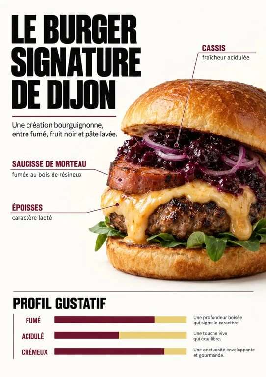 Burger signature de Dijon aux inspirations bourguignonnes avec saucisse de Morteau, cassis et époisses