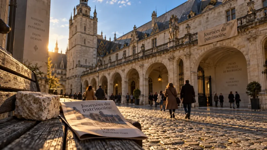 Journées du patrimoine 2025 Dijon : cour pavée au palais des ducs, lumière dorée