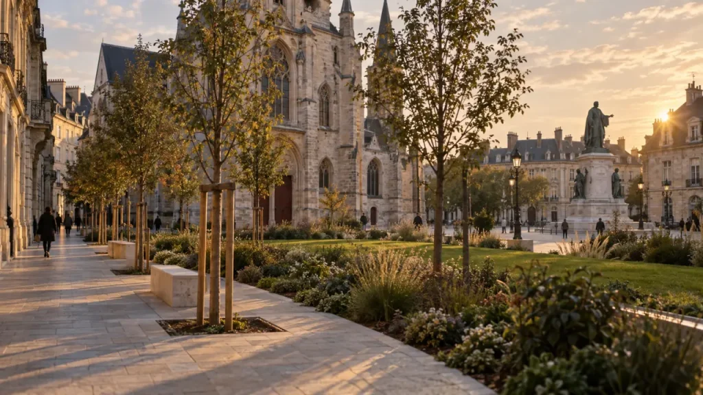 Place Bossuet Dijon : église Saint-Jean et statue de Bossuet, allée piétonne