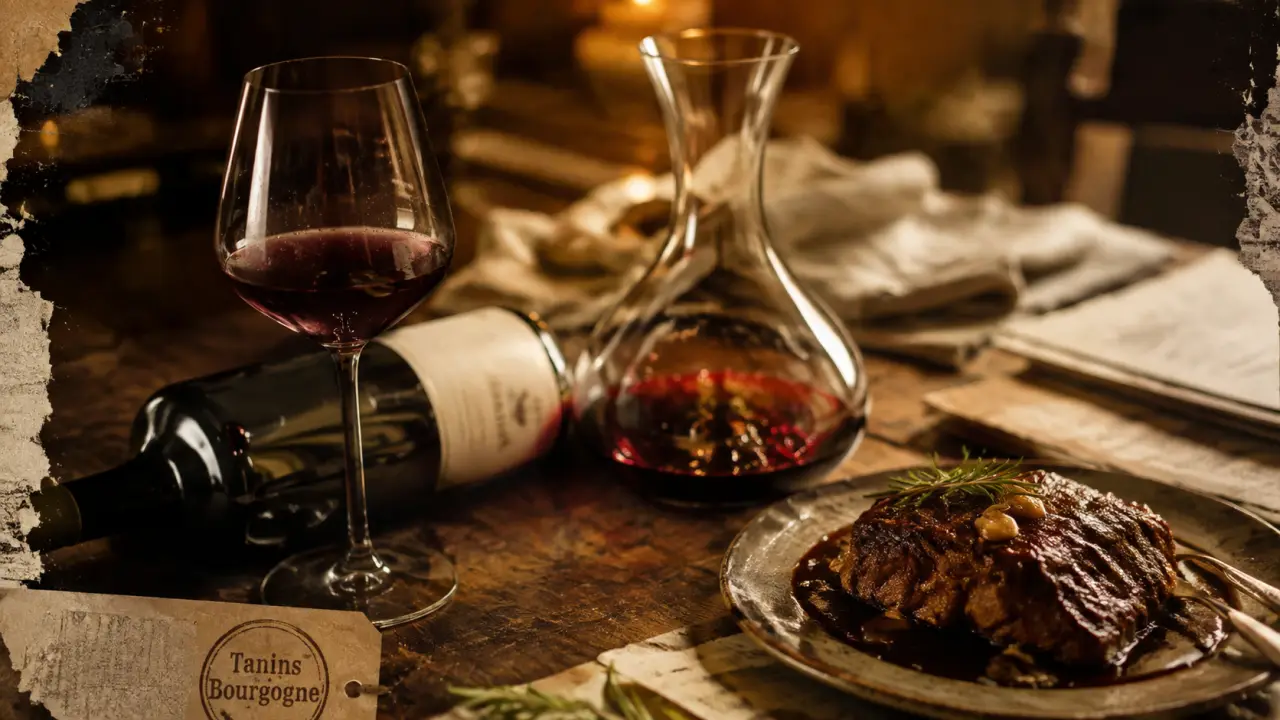 Vin rouge bourgogne tannique, Pommard, Nuits-Saint-Georges et Gevrey-Chambertin en verre tulipe.