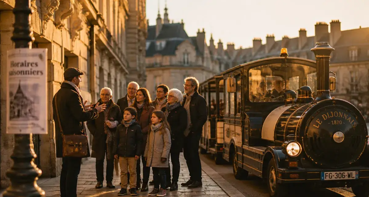 Visiter dijon en petit train : guide devant la façade de pierre