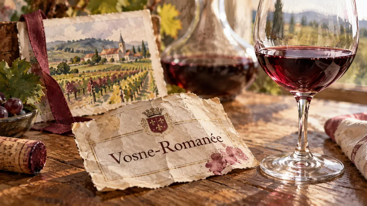 Étiquette vosne romanee sur table chêne, verre et vignoble